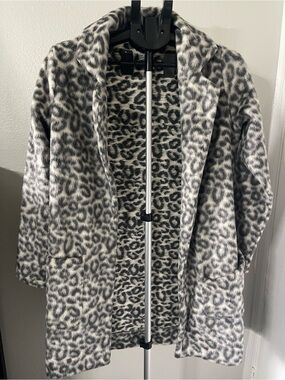 A New Day Gray Black Leopard Print Faux Fur Open Front Jacket Coat XS⁠